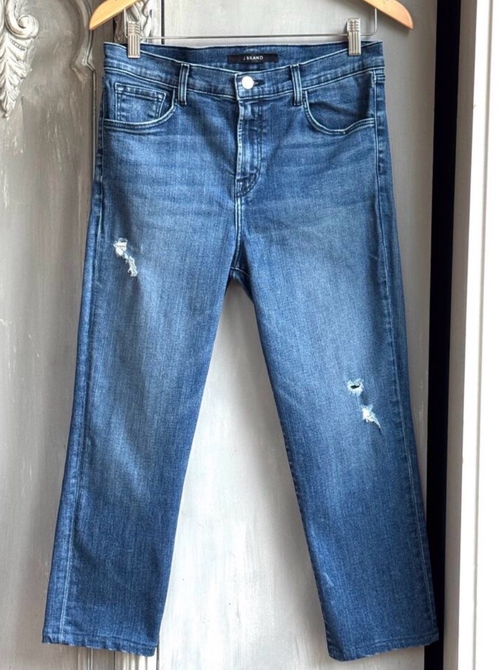 J Brand Ruby Mystic High Rise Crop Cigarette Distressed Denim Jeans Size 29